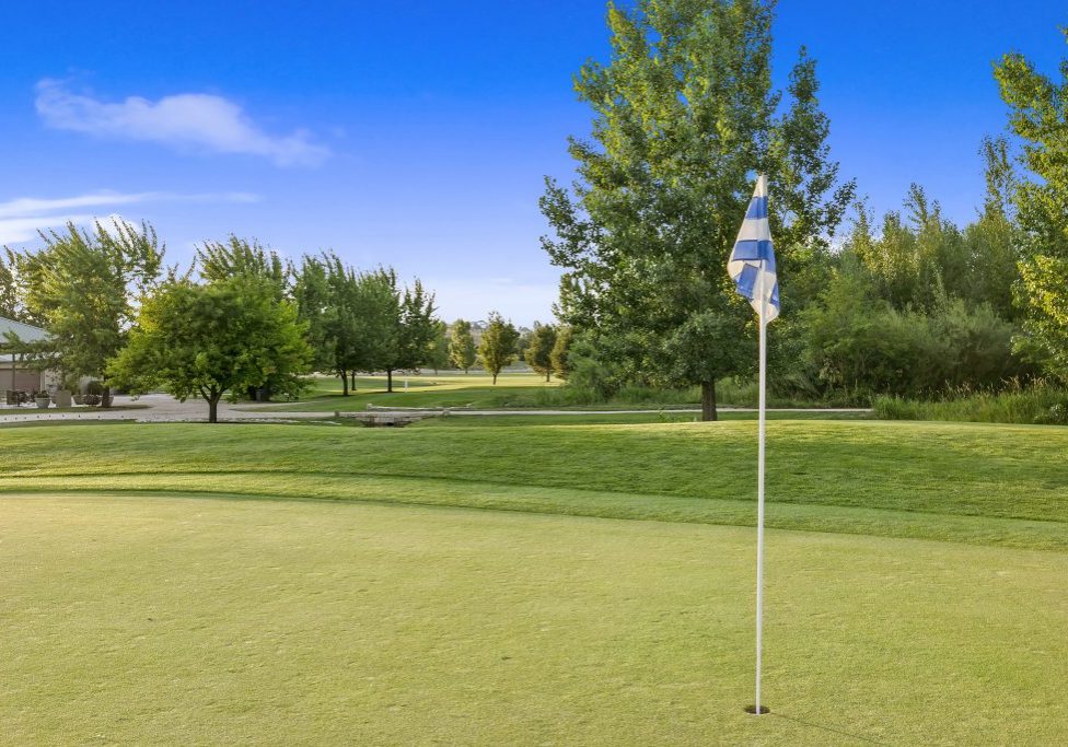 Birch River Golf Course Hole with blue and white checked flagpole